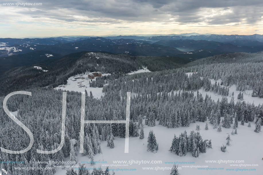 Amazing winter landscape of Rhodope Mountains near Pamporovo resort from Snezhanka tower, Smolyan Region, Bulgaria