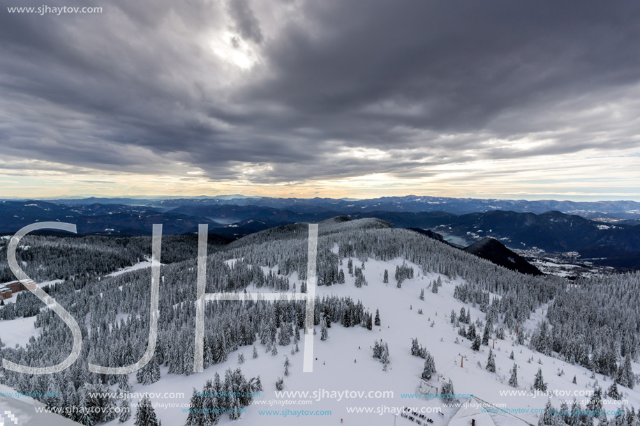 Amazing winter landscape of Rhodope Mountains near Pamporovo resort from Snezhanka tower, Smolyan Region, Bulgaria