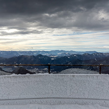 Amazing winter landscape of Rhodope Mountains near Pamporovo resort from Snezhanka tower, Smolyan Region, Bulgaria