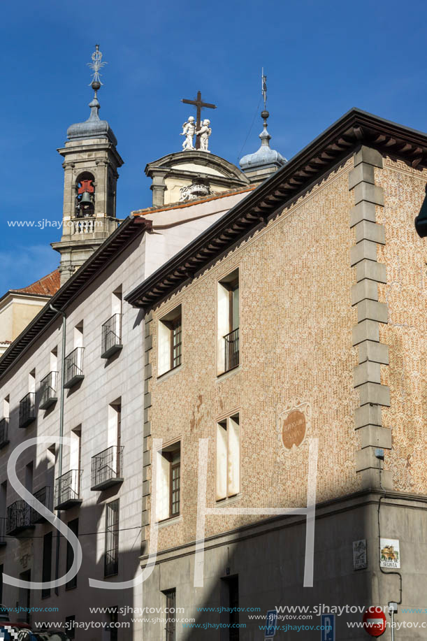 MADRID, SPAIN - JANUARY 23, 2018: Facade of typical Buildings and streets in City of Madrid, Spain