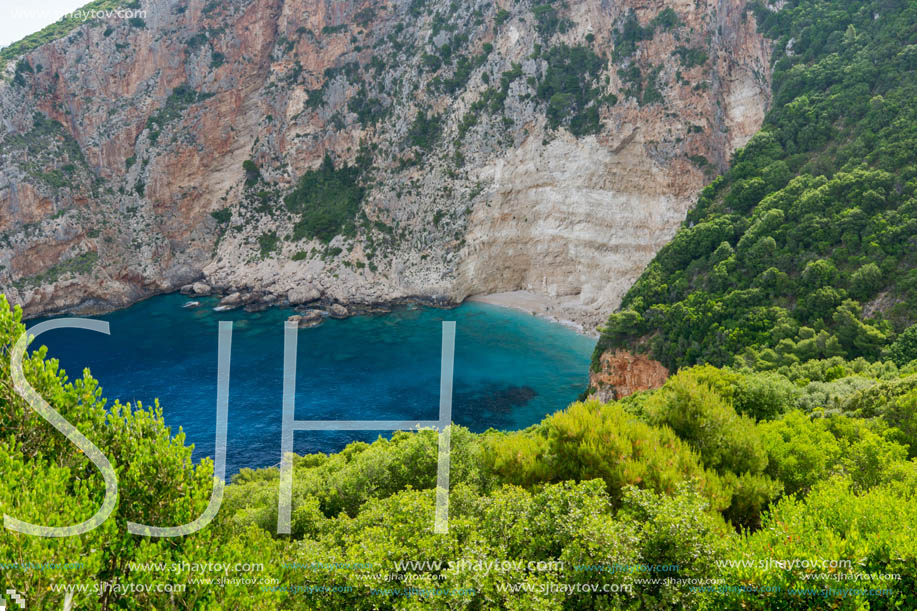 Blue water and rocks of beach at Zakynthos island, Greece