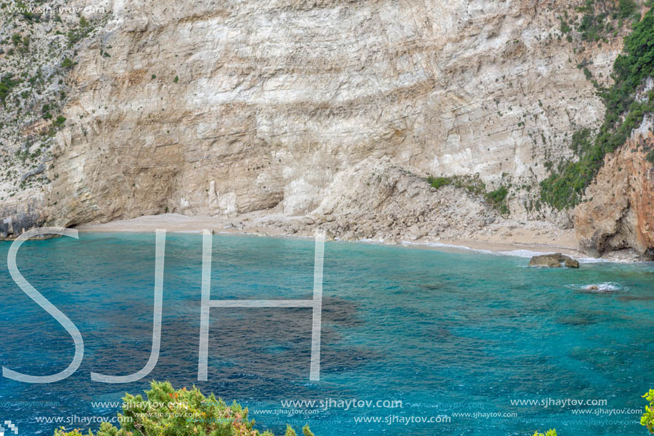 Blue water and rocks of beach at Zakynthos island, Greece