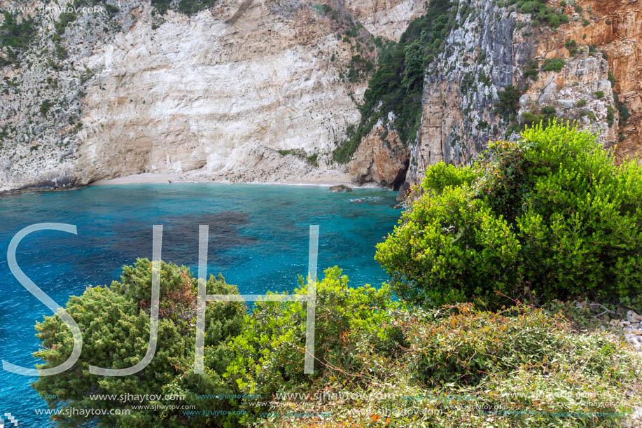 Blue water and rocks of beach at Zakynthos island, Greece