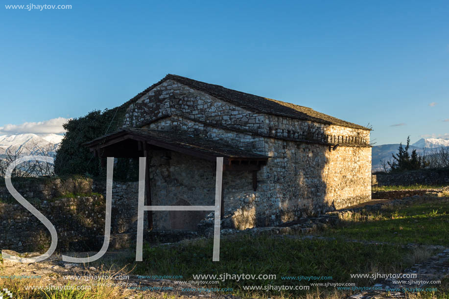 IOANNINA, GREECE - DECEMBER 27, 2014: Amazing Sunset view of Byzantine Museum in castle of Ioannina, Epirus, Greece