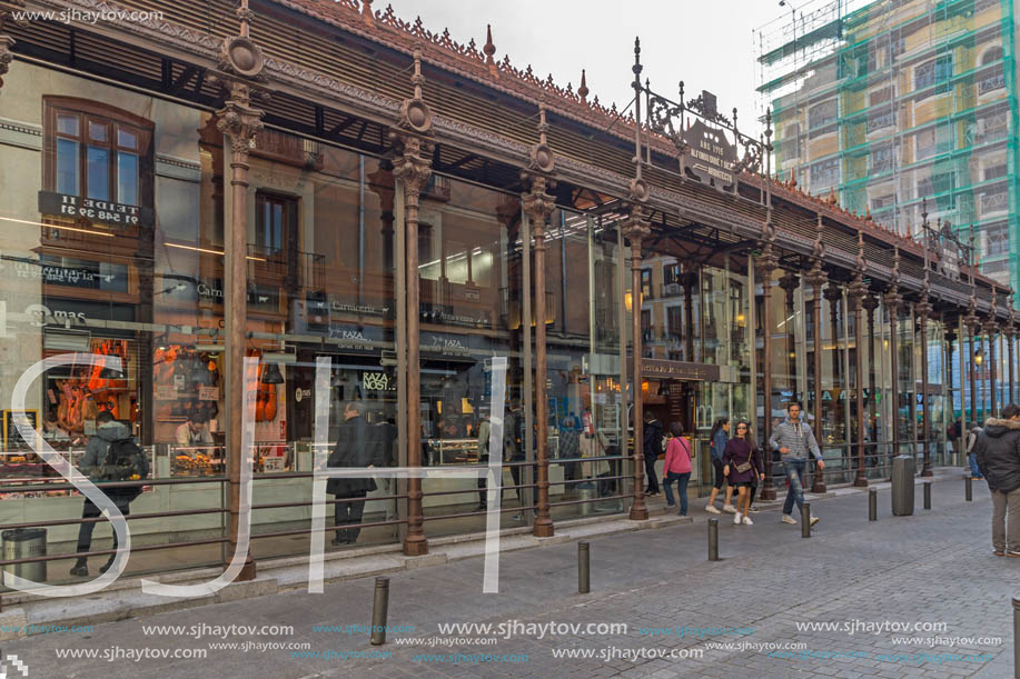 MADRID, SPAIN - JANUARY 23, 2018: Amazing view of San Miguel Market in City of Madrid, Spain