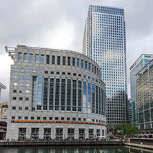 LONDON, ENGLAND - JUNE 17, 2016: Business building and skyscraper in Canary Wharf, London, England, Great Britain