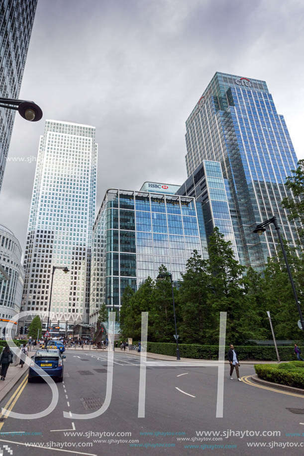 LONDON, ENGLAND - JUNE 17, 2016: Business building and skyscraper in Canary Wharf, London, England, Great Britain