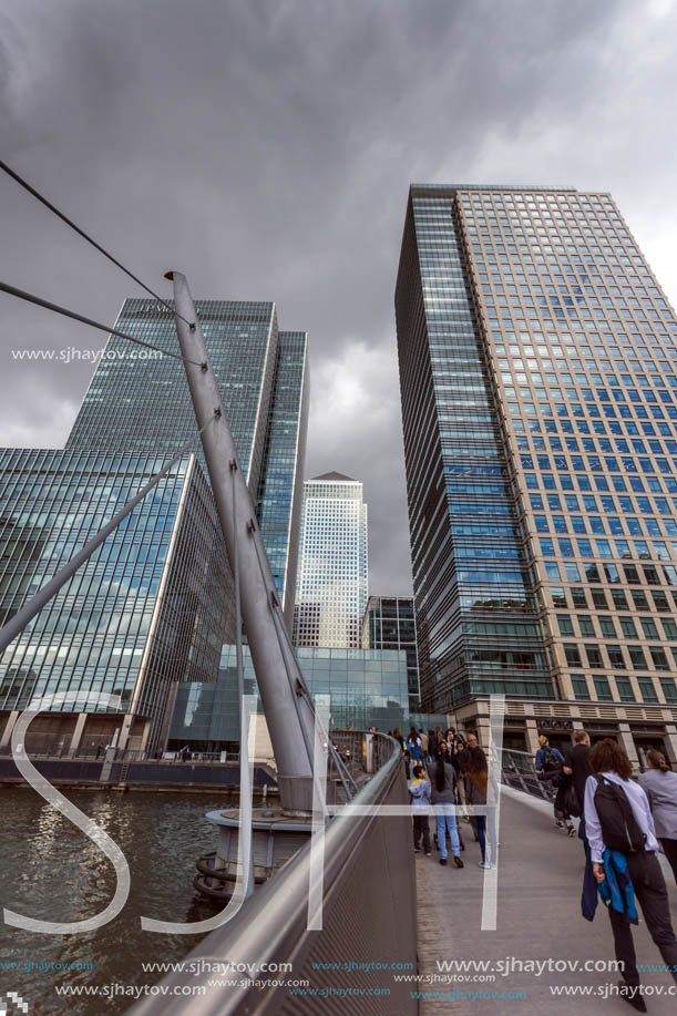 LONDON, ENGLAND - JUNE 17, 2016: Business building and skyscraper in Canary Wharf, London, England, Great Britain