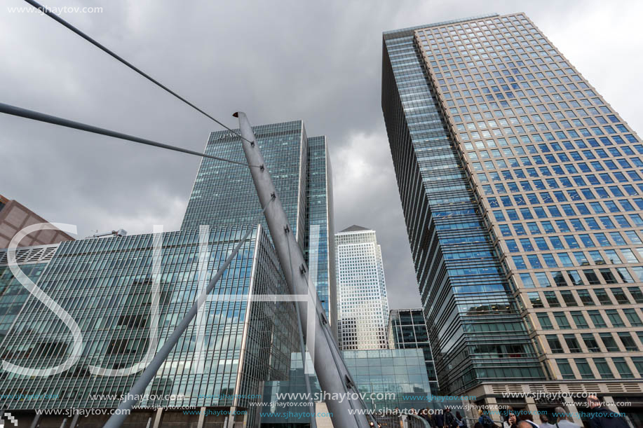 LONDON, ENGLAND - JUNE 17, 2016: Business building and skyscraper in Canary Wharf, London, England, Great Britain