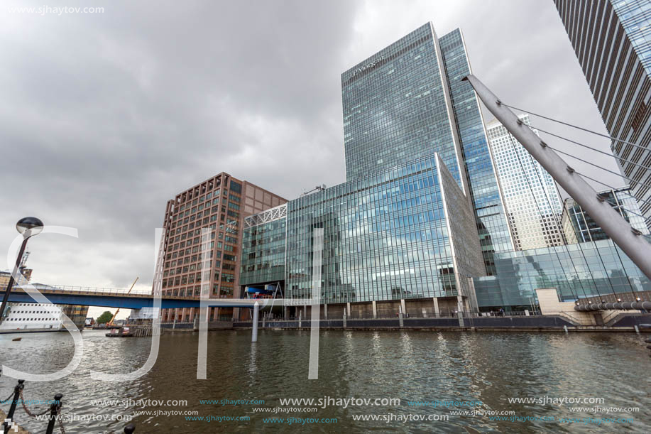 LONDON, ENGLAND - JUNE 17, 2016: Business building and skyscraper in Canary Wharf, London, England, Great Britain