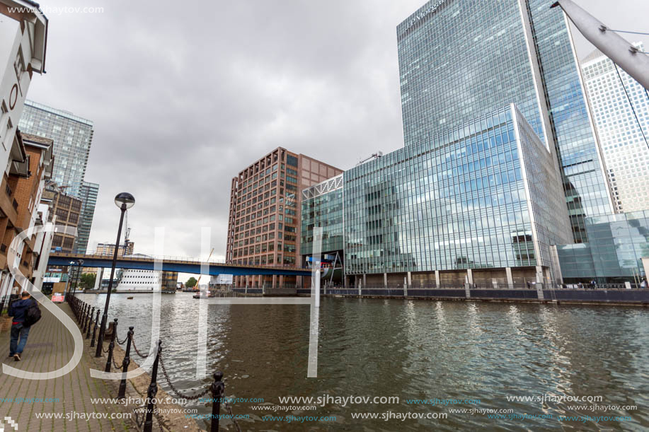 LONDON, ENGLAND - JUNE 17, 2016: Business building and skyscraper in Canary Wharf, London, England, Great Britain