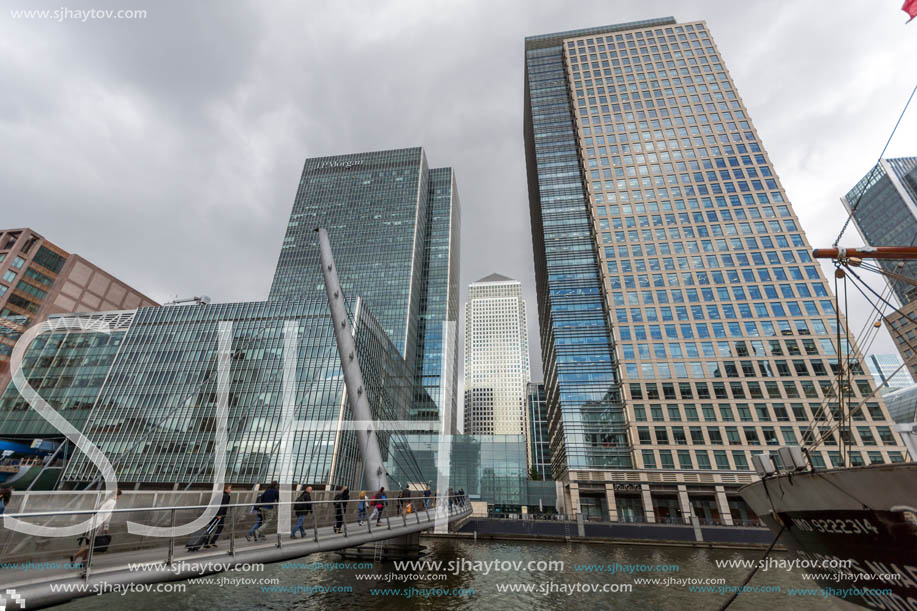 LONDON, ENGLAND - JUNE 17, 2016: Business building and skyscraper in Canary Wharf, London, England, Great Britain