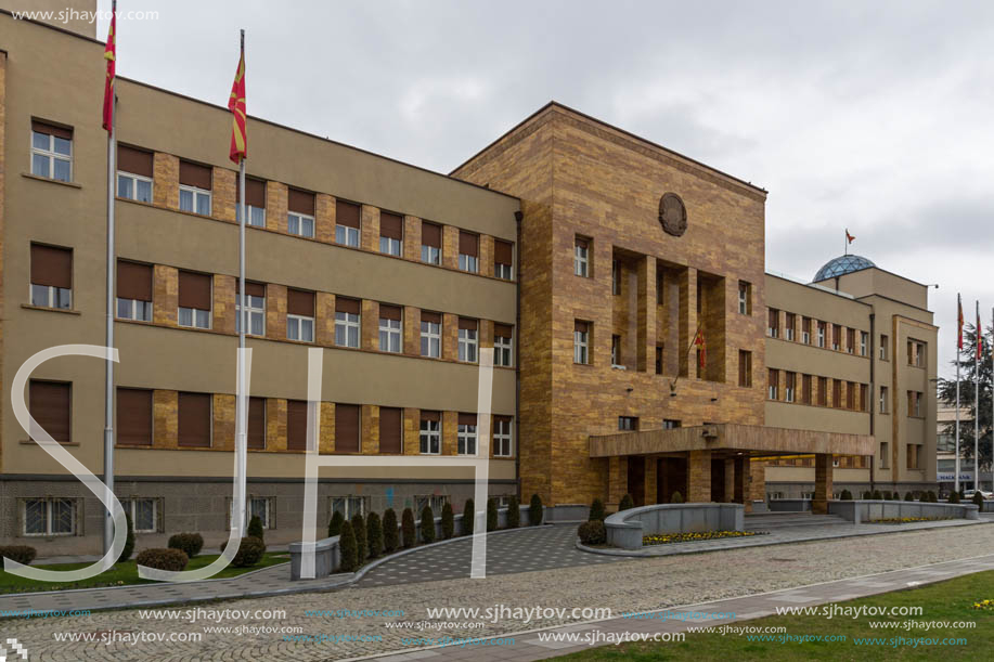 SKOPJE, REPUBLIC OF MACEDONIA - FEBRUARY 24, 2018:  Building of Parliament in city of Skopje, Republic of Macedonia