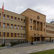 SKOPJE, REPUBLIC OF MACEDONIA - FEBRUARY 24, 2018:  Building of Parliament in city of Skopje, Republic of Macedonia