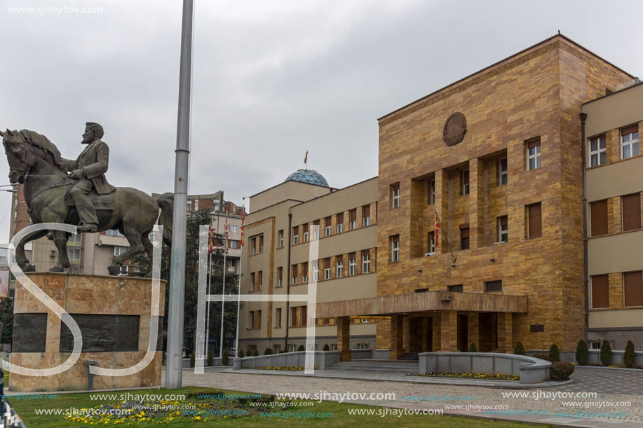 SKOPJE, REPUBLIC OF MACEDONIA - FEBRUARY 24, 2018:  Building of Parliament in city of Skopje, Republic of Macedonia