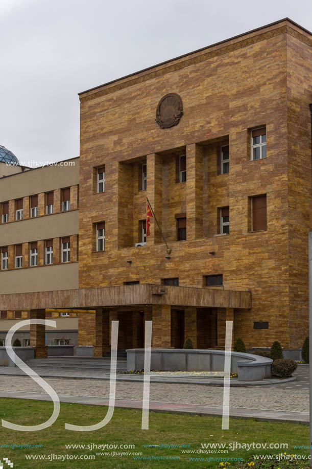 SKOPJE, REPUBLIC OF MACEDONIA - FEBRUARY 24, 2018:  Building of Parliament in city of Skopje, Republic of Macedonia