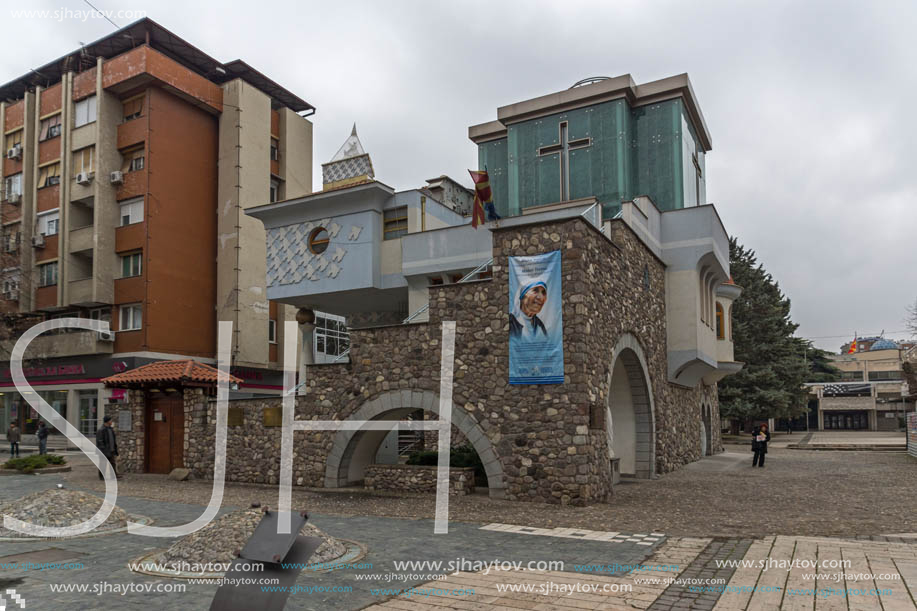 SKOPJE, REPUBLIC OF MACEDONIA - FEBRUARY 24, 2018:  Memorial House Mother Teresa in city of Skopje, Republic of Macedonia