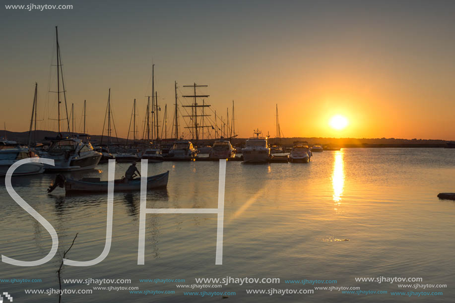 SOZOPOL, BULGARIA - JULY 11, 2016: Sunset at the port of Sozopol, Burgas Region, Bulgaria