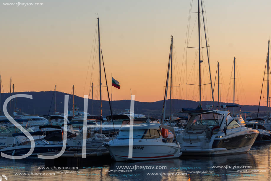 SOZOPOL, BULGARIA - JULY 11, 2016: Sunset at the port of Sozopol, Burgas Region, Bulgaria