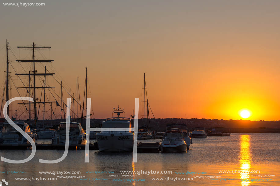 SOZOPOL, BULGARIA - JULY 11, 2016: Sunset at the port of Sozopol, Burgas Region, Bulgaria