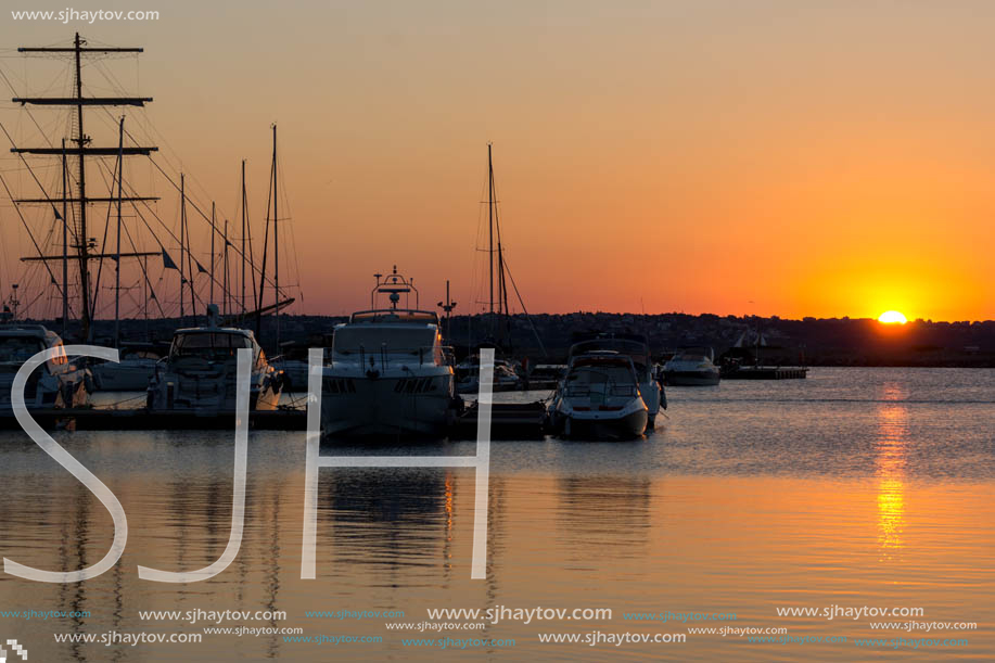 SOZOPOL, BULGARIA - JULY 11, 2016: Sunset at the port of Sozopol, Burgas Region, Bulgaria