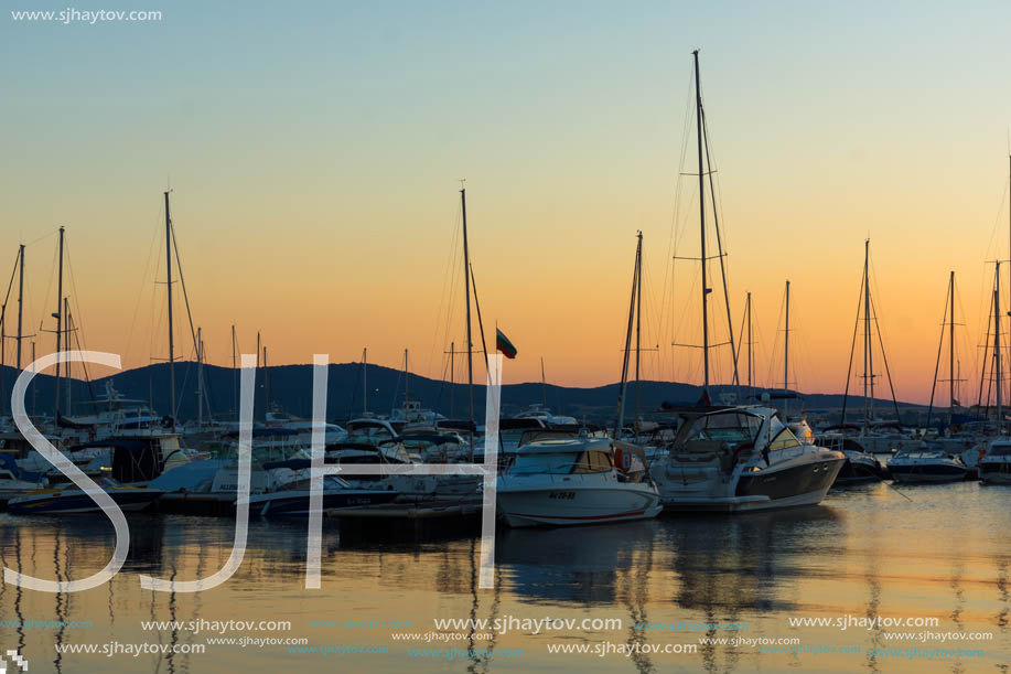 SOZOPOL, BULGARIA - JULY 11, 2016: Sunset at the port of Sozopol, Burgas Region, Bulgaria