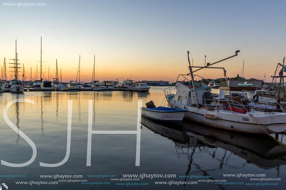 SOZOPOL, BULGARIA - JULY 11, 2016: Sunset at the port of Sozopol, Burgas Region, Bulgaria