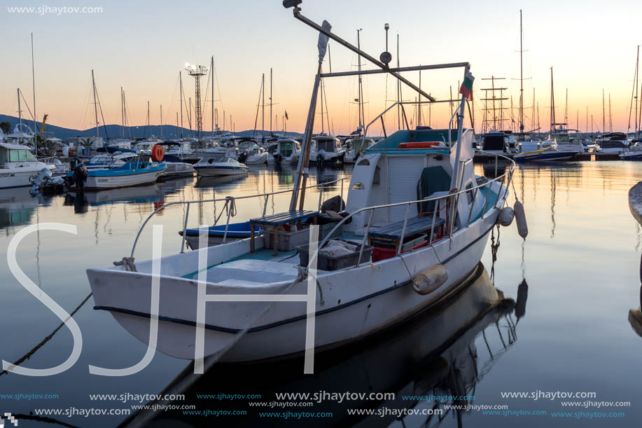 SOZOPOL, BULGARIA - JULY 11, 2016: Sunset at the port of Sozopol, Burgas Region, Bulgaria