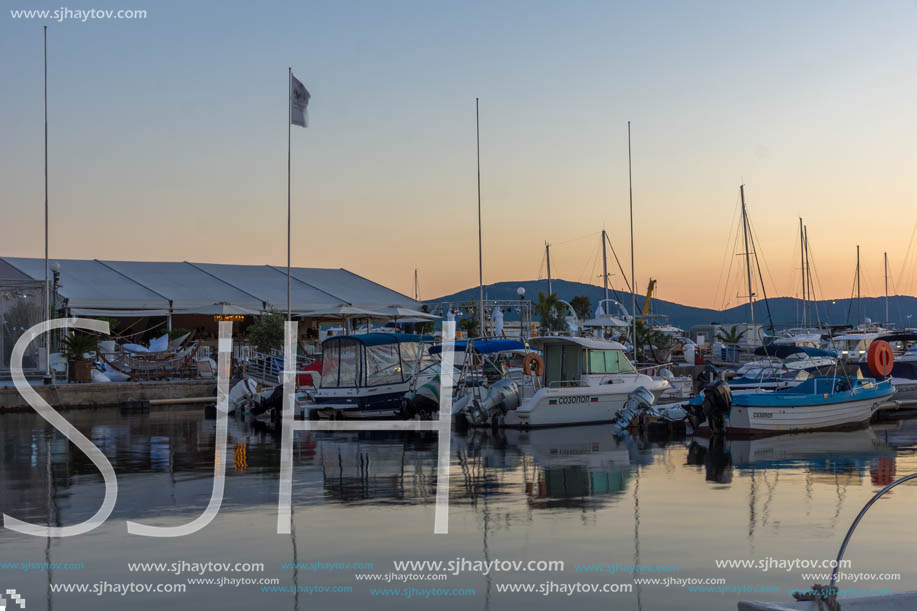 SOZOPOL, BULGARIA - JULY 11, 2016: Sunset at the port of Sozopol, Burgas Region, Bulgaria