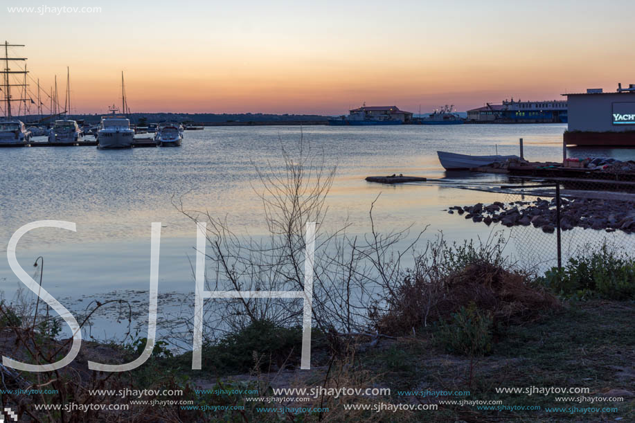 SOZOPOL, BULGARIA - JULY 11, 2016: Sunset at the port of Sozopol, Burgas Region, Bulgaria