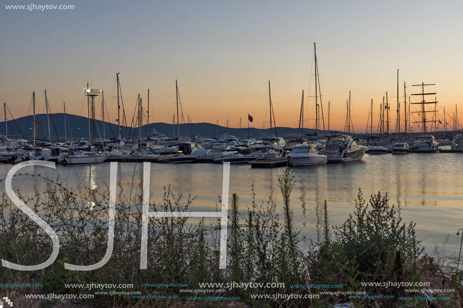 SOZOPOL, BULGARIA - JULY 11, 2016: Sunset at the port of Sozopol, Burgas Region, Bulgaria