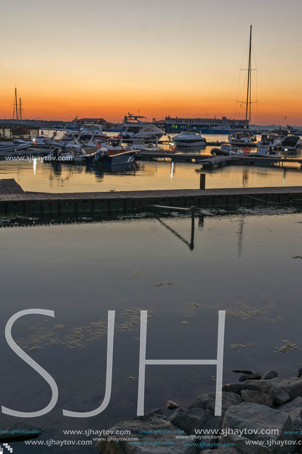 SOZOPOL, BULGARIA - JULY 11, 2016: Sunset at the port of Sozopol, Burgas Region, Bulgaria