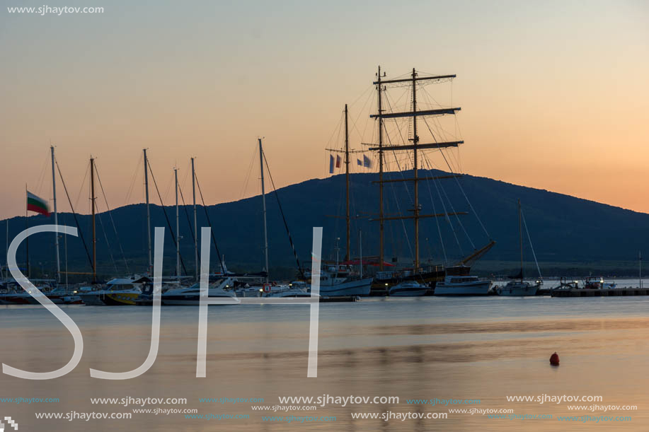 SOZOPOL, BULGARIA - JULY 11, 2016: Sunset at the port of Sozopol, Burgas Region, Bulgaria