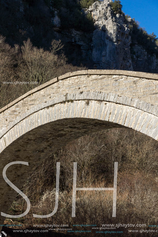 Landscape of Bridge of Missios in Vikos gorge and Pindus Mountains, Zagori, Epirus, Greece