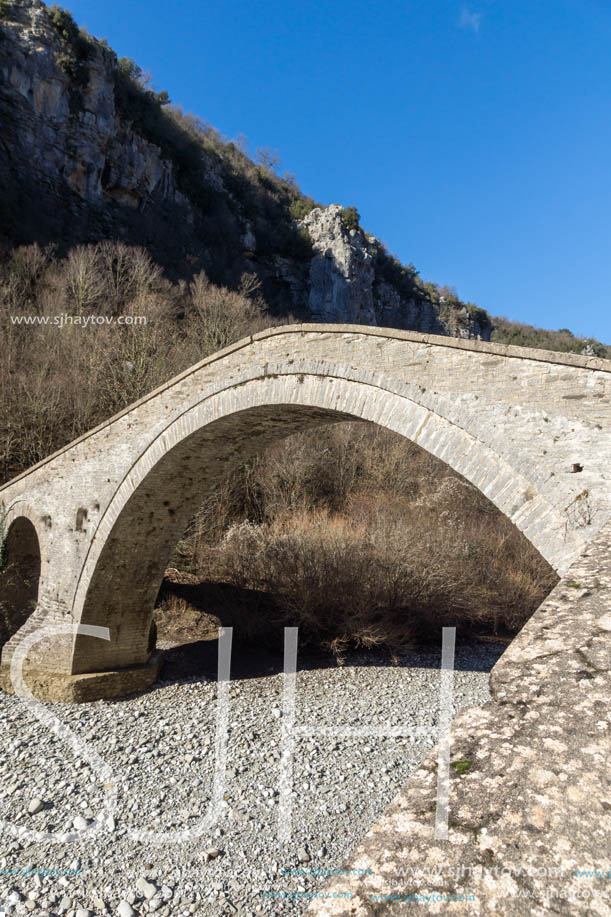 Landscape of Bridge of Missios in Vikos gorge and Pindus Mountains, Zagori, Epirus, Greece