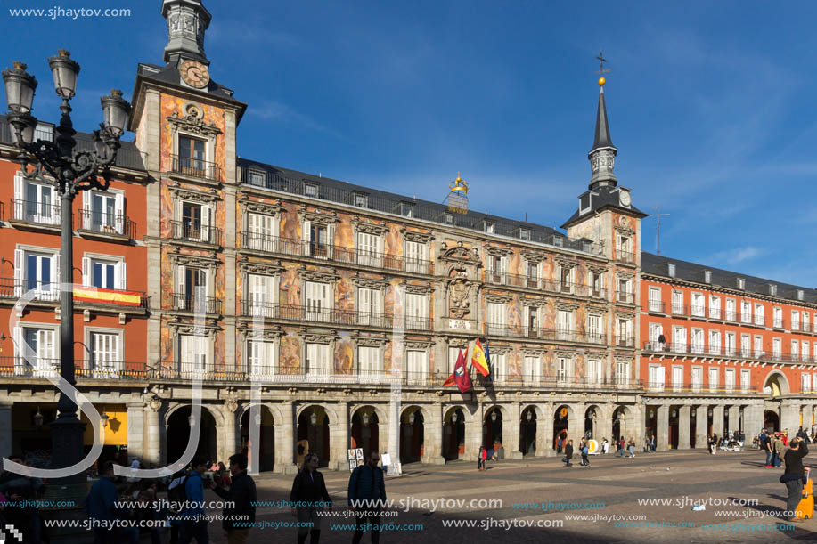 MADRID, SPAIN - JANUARY 23, 2018:  Tourist visiting Plaza Mayor in city of Madrid, Spain