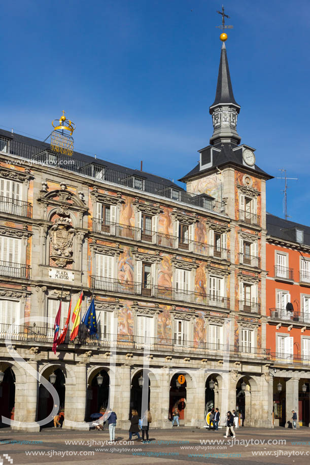 MADRID, SPAIN - JANUARY 23, 2018:  Tourist visiting Plaza Mayor in city of Madrid, Spain