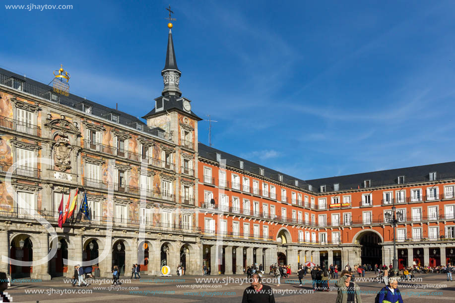 MADRID, SPAIN - JANUARY 23, 2018:  Tourist visiting Plaza Mayor in city of Madrid, Spain