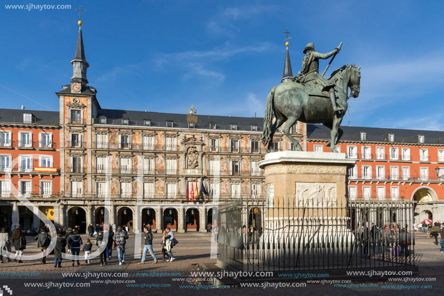 MADRID, SPAIN - JANUARY 23, 2018:  Tourist visiting Plaza Mayor in city of Madrid, Spain