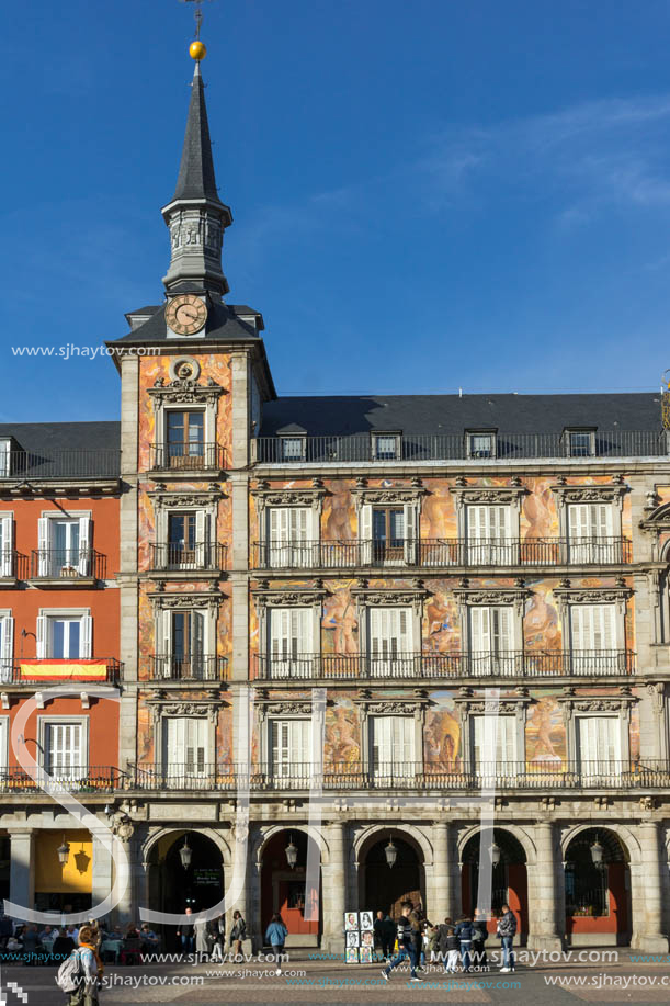 MADRID, SPAIN - JANUARY 23, 2018:  Tourist visiting Plaza Mayor in city of Madrid, Spain