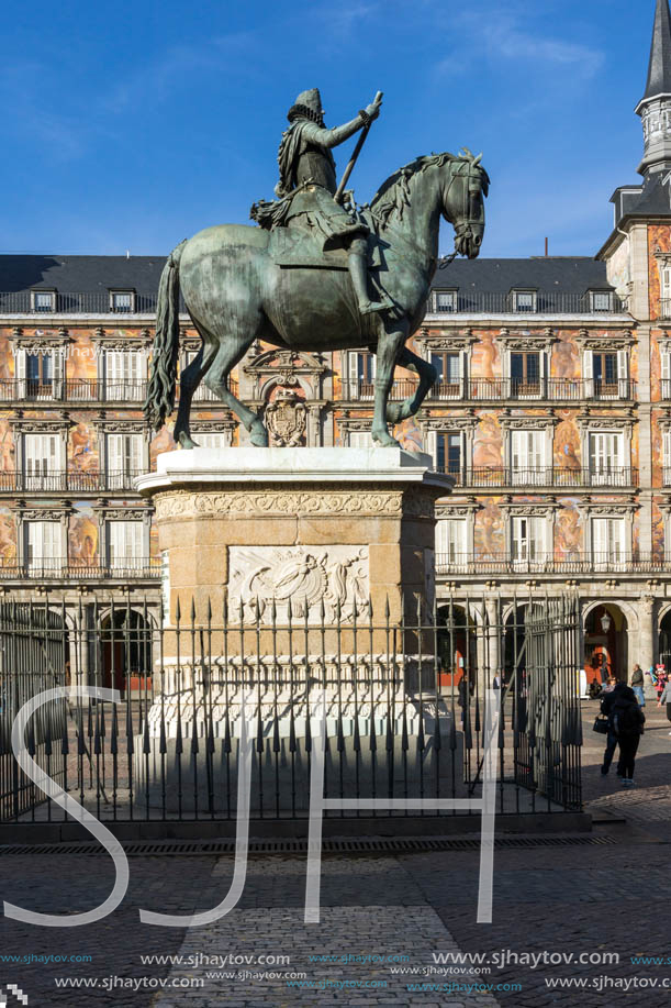 MADRID, SPAIN - JANUARY 23, 2018:  Tourist visiting Plaza Mayor in city of Madrid, Spain