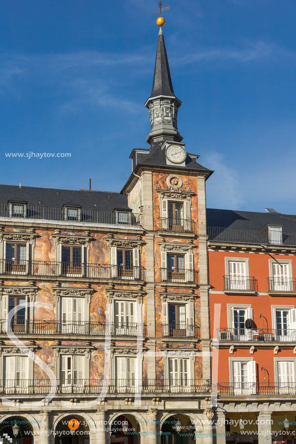 MADRID, SPAIN - JANUARY 23, 2018:  Tourist visiting Plaza Mayor in city of Madrid, Spain