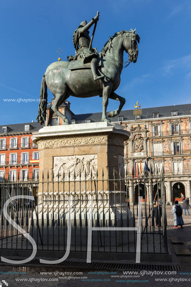 MADRID, SPAIN - JANUARY 23, 2018:  Tourist visiting Plaza Mayor in city of Madrid, Spain