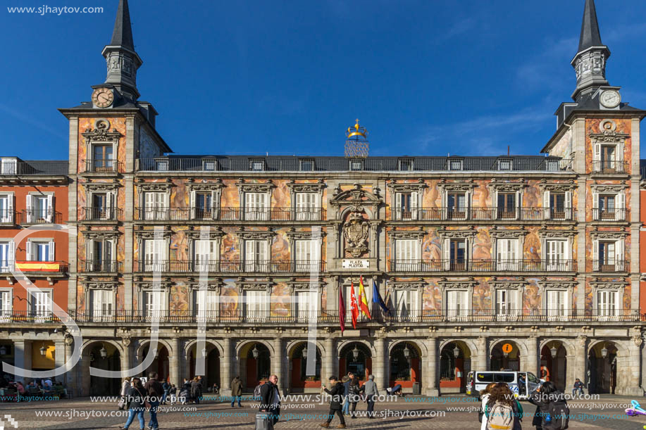 MADRID, SPAIN - JANUARY 23, 2018:  Tourist visiting Plaza Mayor in city of Madrid, Spain