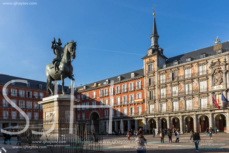 MADRID, SPAIN - JANUARY 23, 2018:  Tourist visiting Plaza Mayor in city of Madrid, Spain