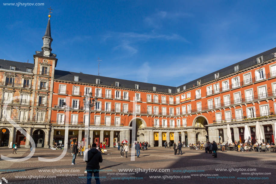 MADRID, SPAIN - JANUARY 23, 2018:  Tourist visiting Plaza Mayor in city of Madrid, Spain