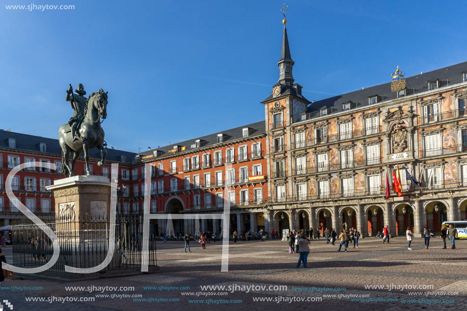 MADRID, SPAIN - JANUARY 23, 2018:  Tourist visiting Plaza Mayor in city of Madrid, Spain