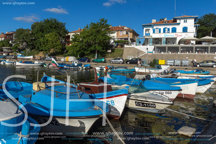 SOZOPOL, BULGARIA - JULY 12, 2016: Small Fishing boats at the port of town of Sozopol, Burgas Region, Bulgaria