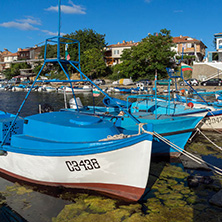 SOZOPOL, BULGARIA - JULY 12, 2016: Small Fishing boats at the port of town of Sozopol, Burgas Region, Bulgaria