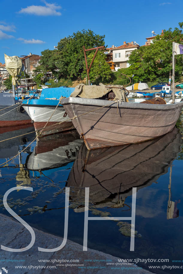 SOZOPOL, BULGARIA - JULY 12, 2016: Small Fishing boats at the port of town of Sozopol, Burgas Region, Bulgaria